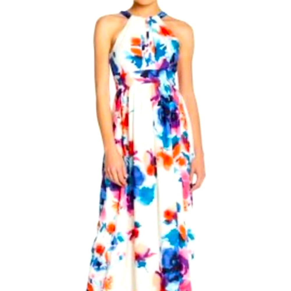 Preowned Eliza J Blue and Red Flower Maxi Dress Size 6